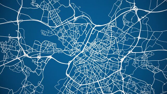 Ink reveal animation of Angers, Maine et Loire, Pays de la Loire, France grid map. Aerial top view. Blueprint style. White lines with blue background. 4K Seamless loop.