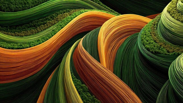 Flowing bands of vibrant colors resemble stylized landscape contours with textured greenery