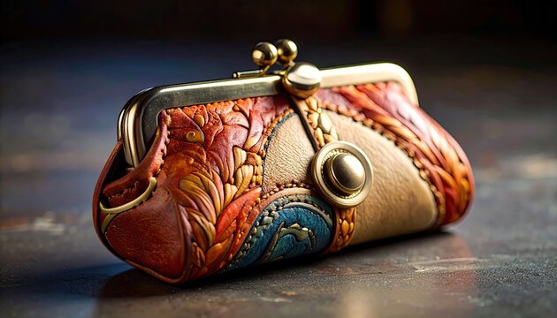 Decorative leather coin purse with intricate floral design and clasp closure