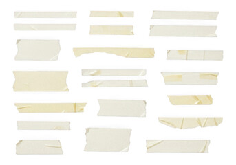 Fototapeta premium Set of various pieces of torn adhesive masking tape strips on surface isolated on white background