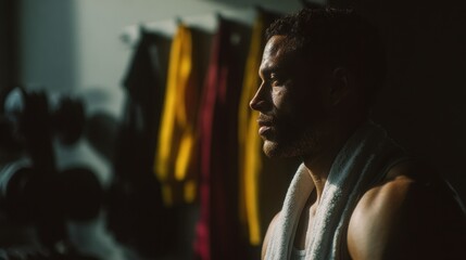 Obraz premium Muscular man with towel around neck resting after workout in gym. Determined athlete taking break after intense training session. Concept of fitness, health, endurance and sports lifestyle.
