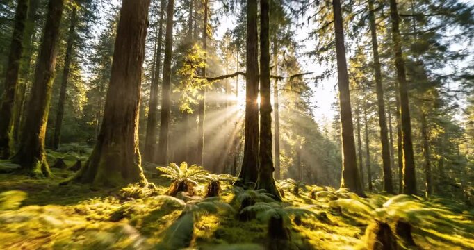 Sunlight Filtering Through Forest Trees.
