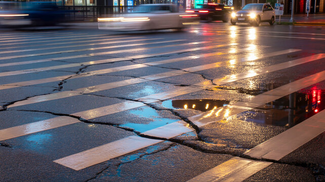 Wet City Crosswalk with Potholes and Traffic at Night wet crosswalk city street