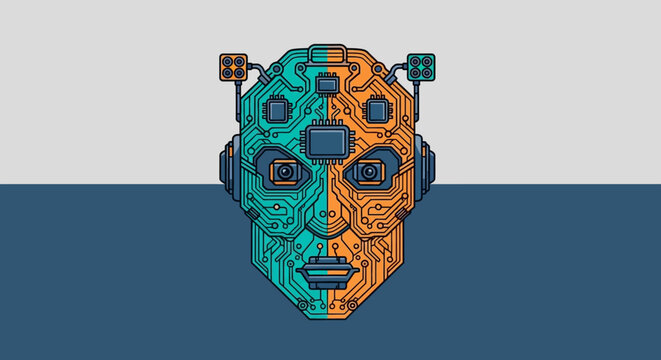 A colorful illustration of a robotic head with headphones on.