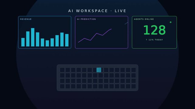 Ai workspace dashboard with real-time revenue analytics and predictive data visualization animation