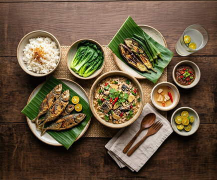 Overhead Filipino fish meal with rice porridge, fried fish, bok choy, grilled vegetables, dipping sauces, calamansi, and banana leaves