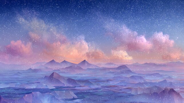 Ethereal mountain range under a starry twilight sky featuring pastel clouds and soft gradient hues in a serene dreamlike landscape digital illustration
