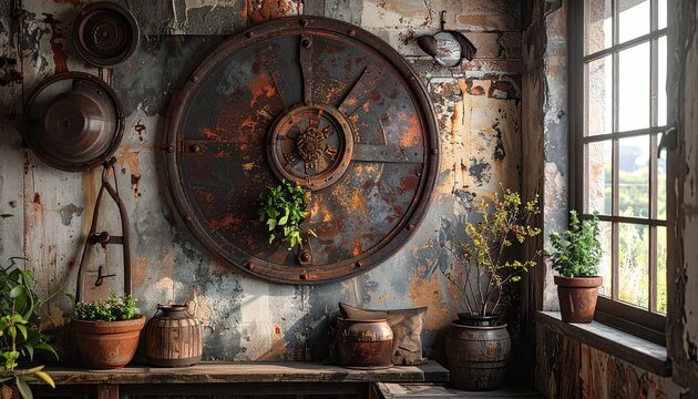 Rustic Industrial Wall Clock with Green Plants in Vintage Setting