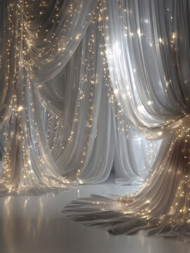 Elegant White Curtains Backdrop with Fairy Lights for Wedding or Event