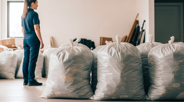 Woman in uniform standing near many large trash bags ready for disposal