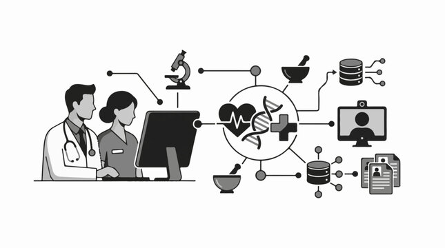 Medical professionals using a computer with connected healthcare icons