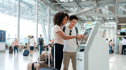 Fototapeta premium Young couple using self-service kiosk at airport terminal with luggage nearby