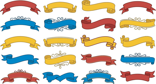 Set of colorful hand drawn ribbon banners Vector, illustration