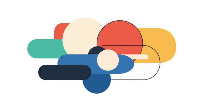 A vibrant abstract composition featuring overlapping circles and rounded rectangles in a playful arrangement