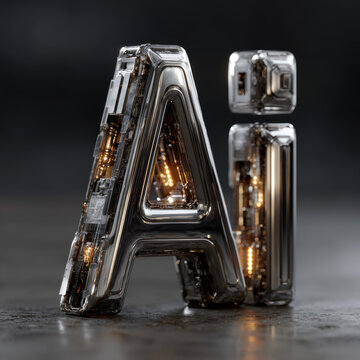 Futuristic AI Logo in Chrome Metal - Artificial Intelligence Concept. A 3D render of the letters "AI" as a logo, depicted in highly detailed, futuristic chrome and metallic textures