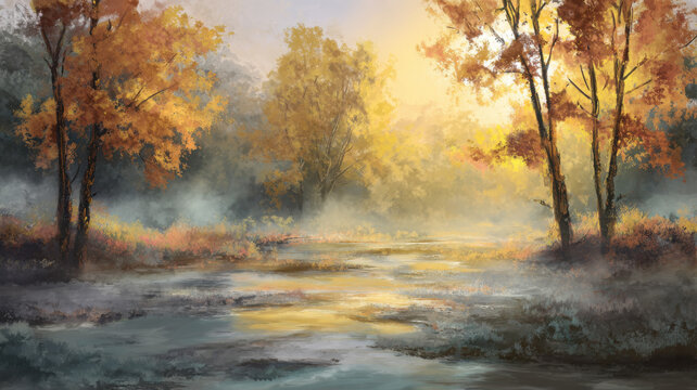 Hazy autumn landscape painting. Mist lingering above lake. Trees in fall colors and reflecting from calm water surface.