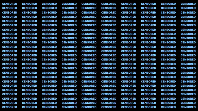 Conceptual typography layout with a grid of censored labels over a plain navy background.