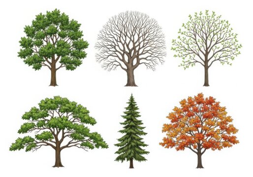Set of various green and seasonal trees with different foliage shapes isolated on white background