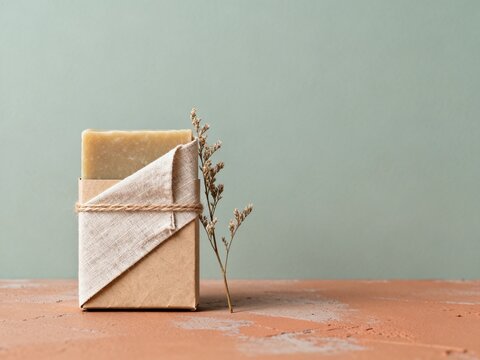 Eco-friendly soap bar wrapped in linen on rustic surface