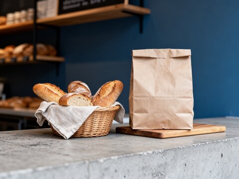 Fresh bread in basket with paper bag on bakery counter