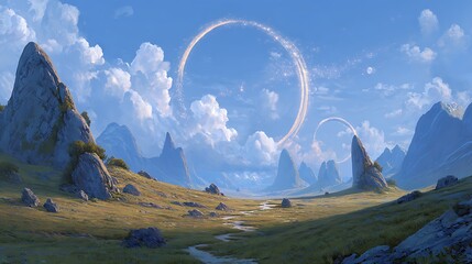 Obraz premium Fantasy landscape with glowing rings with serene valley under blue sky fluffy clouds rocky mountains serene depicts fantasy environment atmosphere
