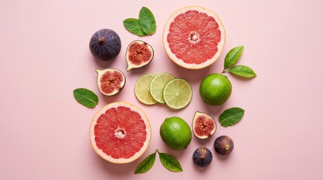 Fresh Citrus Fruits and Figs Flat Lay