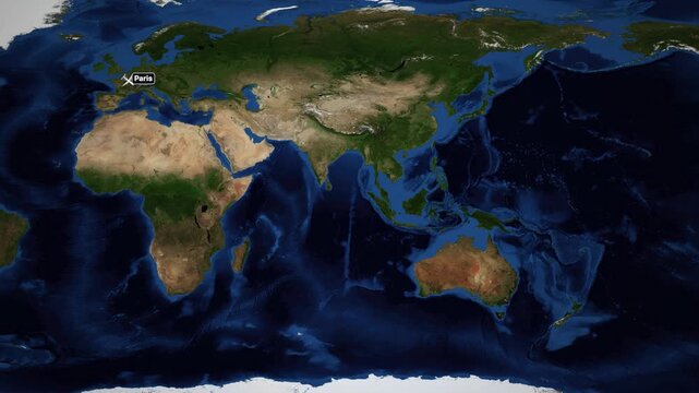 Animated World Map Showing Commercial Flight Route from Paris to Auckland