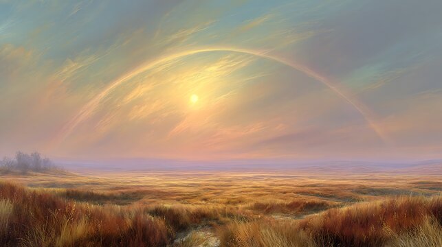 Vast glowing prairie landscape with double rainbow at sunset with depicts serene landscape rainbow arcing across environment atmosphere ecosystem