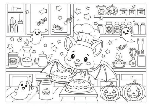 Cute bat chef baking halloween pies in a kitchen with ghosts and pumpkins for a fun coloring page