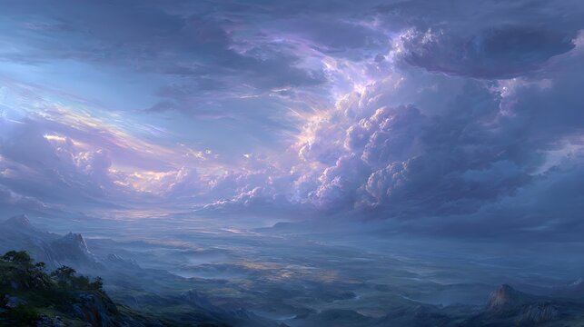 Dreamy fantasy landscape with vast luminous clouds with clouds mountainous terrain depicts dreamy atmosphere mountains beautiful peaceful with ethereal