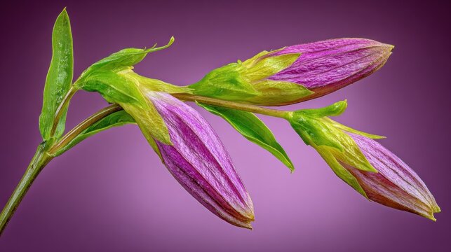 Three elongated purple flower buds display vivid texture against a smooth violet background