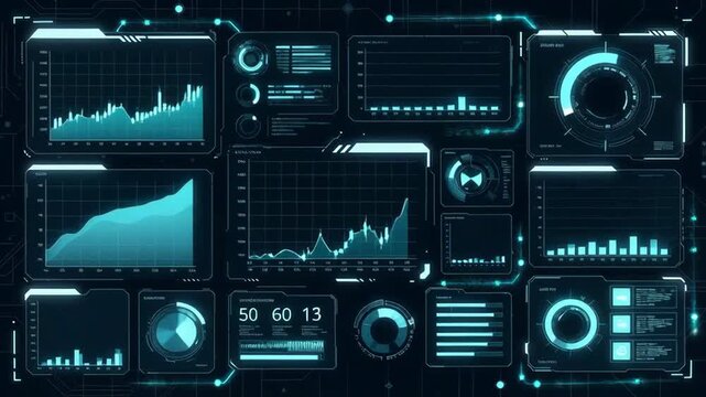 Multiple digital data charts and gauges in tech style on dark background, concept of analytics and monitoring