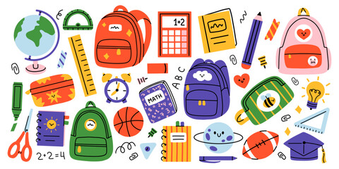 Vector back to school set with colorful backpacks globe calculator ball notebooks stationery and study elements. School collection for education graduation design and kids prints. Classroom cliparts. © Ulyana Mo