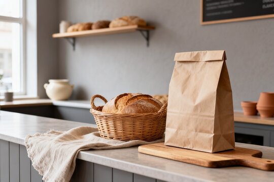 Fresh bread in basket with paper bag on bakery counter