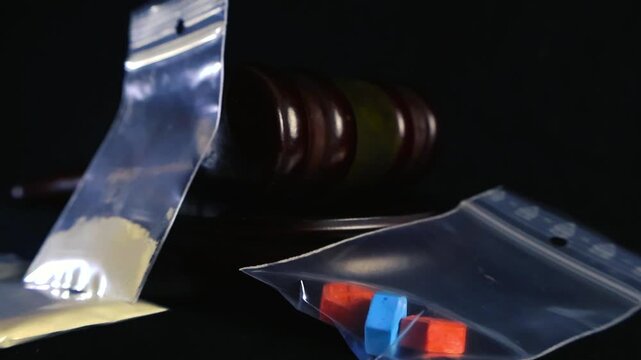 Illegal drugs, including powder and pills in plastic baggies, are displayed in front of a judge's gavel striking a sounding block, symbolizing justice, crime, and law enforcement