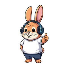 Cute Cartoon Bunny Rabbit Wearing Headphones Thumbs Up Illustration
