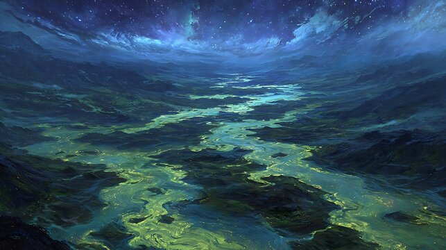 Glowing ocean waves under a starry night sky with depicts dreamy fantasy fantasy scene illuminated atmosphere beautiful surreal nature with cosmic