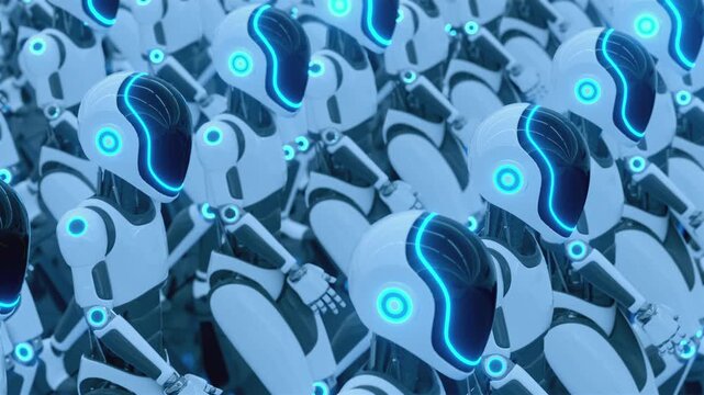 Endless 3d animation loop of a futuristic humanoid robot army walking together. Concept of mass automation, artificial intelligence taking over and technology workforce in a sci-fi cyber world.