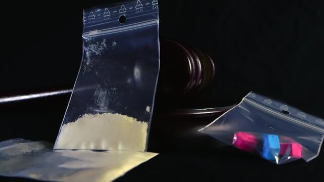 Conceptual video illustrating the legal consequences of drug trafficking and substance abuse, featuring a judge's gavel striking plastic bags containing narcotics, pills, and white powder