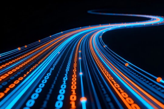 Digital Data Streams: Blue and Orange Binary Code Flow