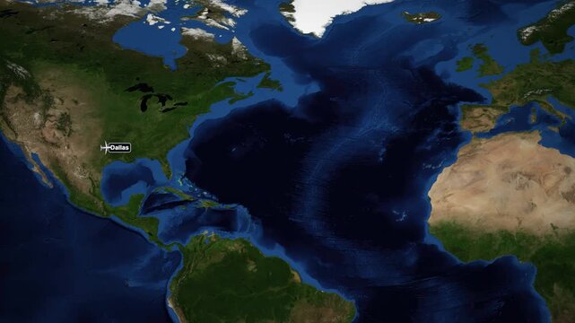 Animated Flight Path Map Showing Airplane Traveling from Dallas to Dublin