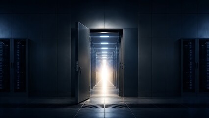 Fototapeta premium An open doorway reveals a brightly lit corridor lined with server racks, suggesting a futuristic data center or a portal to another dimension.