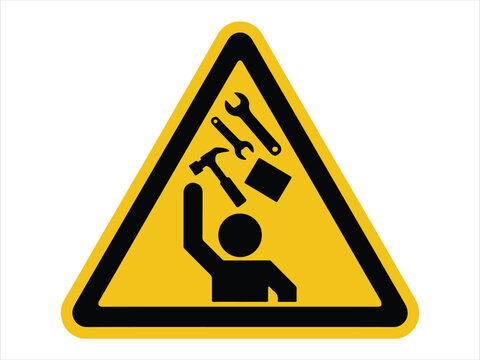 Yellow falling objects warning sign flat vector isolated illustration design. Yellow triangular caution sign warns of falling tools on a construction site flat vector isolated illustration design
