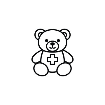 Medical teddy bear icon for family and parenting care black and white teddy bear illustration for pediatric healthcare and child safety