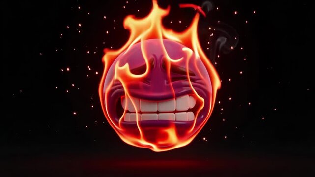 Grinning emoji engulfed in intense flames with glowing sparks floating in dark void space creating a dynamic cinematic animation loop footage capturing a stressed expression with sharp white teeth and