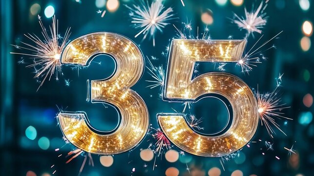 Celebratory 35th Anniversary with Sparkling Numbers, Fireworks, and Colorful Bokeh Effects