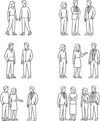 Obraz premium Line art illustration of people standing and talking in casual and business attire, symbolizing teamwork, communication, and social interaction concept