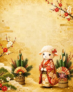 Cute sheep in kimono with kadomatsu for Japanese New Year