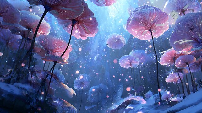 Ethereal glowing fungi growing in a dreamy bioluminescent forest landscape with floating particles and soft radiant light for magical atmosphere