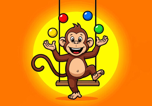 Cartoon Monkey Juggling Colorful Balls on a Swing
